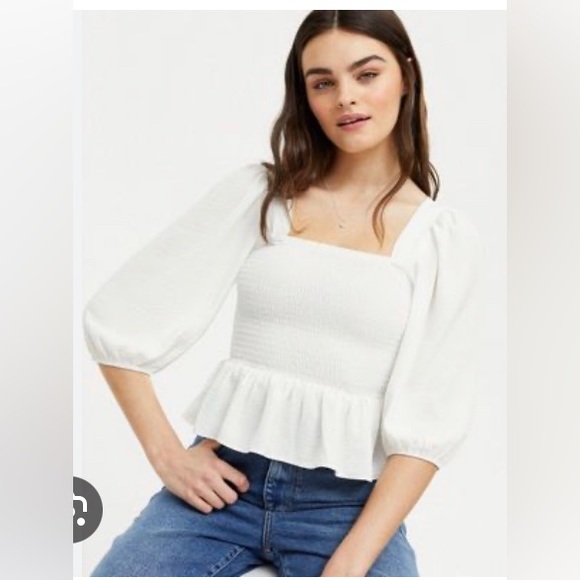 Ann Taylor Factory Tops - Coastal Granny Core Eyelet Square Neck Puffed Sleeve Peplum, White Top Size 14